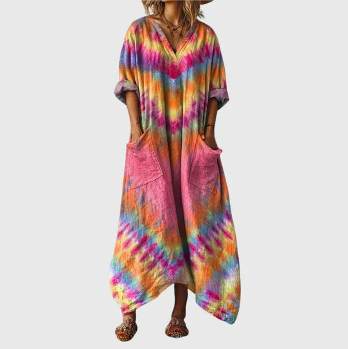 Colourful Print Maxi Dress in Sunset Tie-Dye