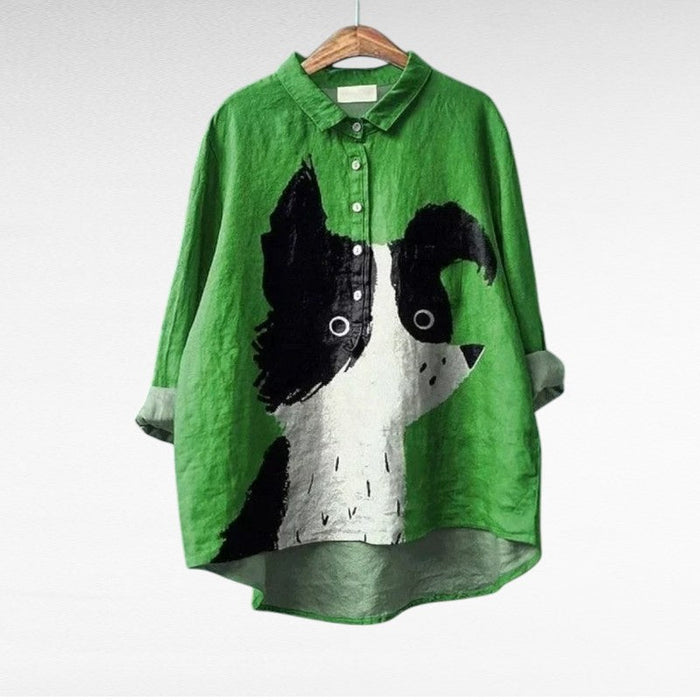 Elegant Summer Blouse in Green Border Collie