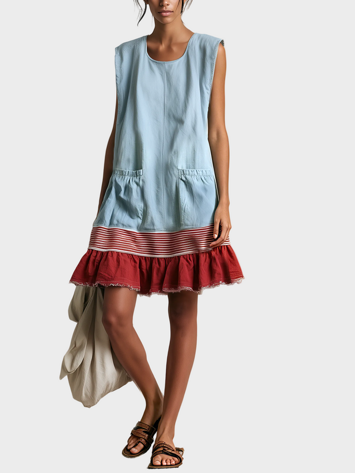 Amber | Light Blue Sleeveless Tunic Dress with Red Trim and Gathered Hem