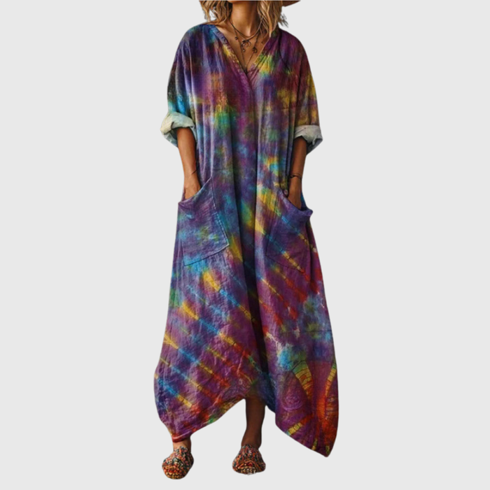 Darcy | Colourful Print Maxi Dress in Purple Tie-Dye