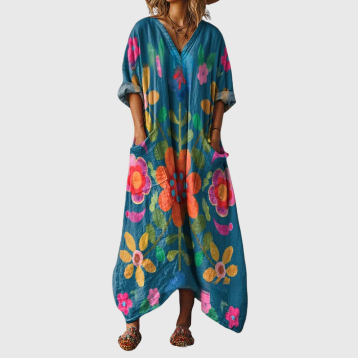 Colourful Print Maxi Dress in Teal Painted Floral