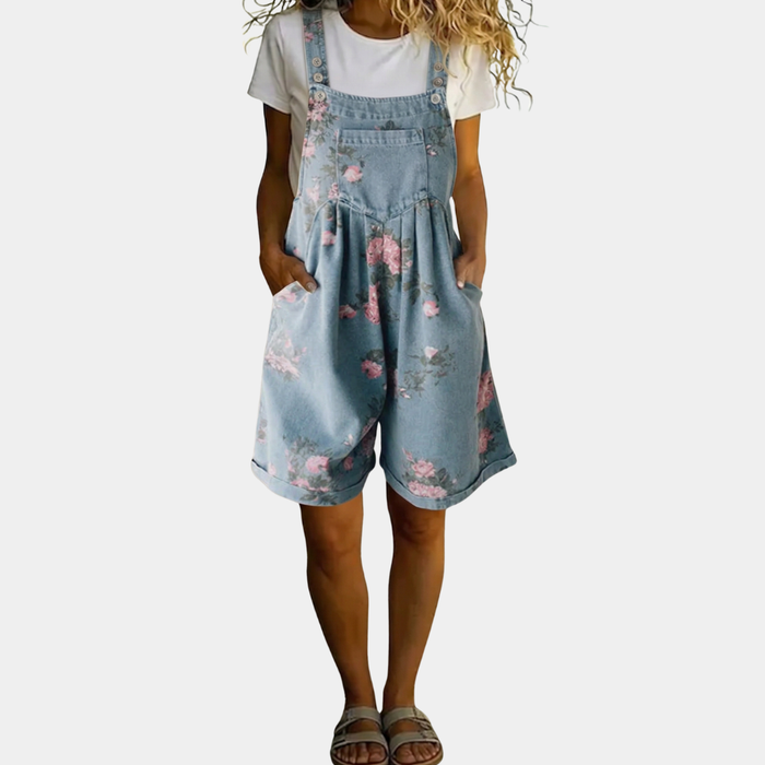 Floral Print Denim Short Overalls