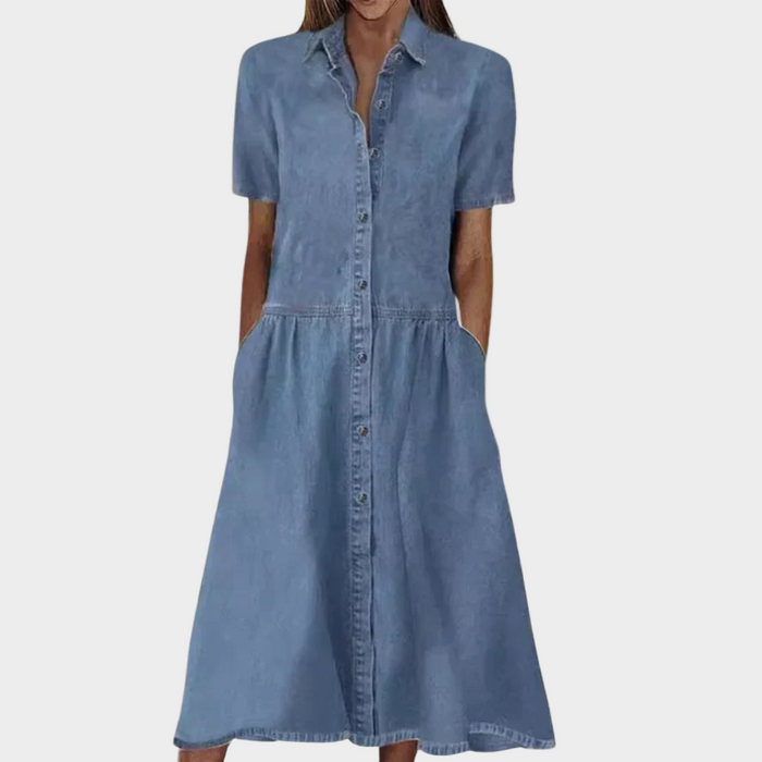 Buttoned Calf-Length Denim Dress