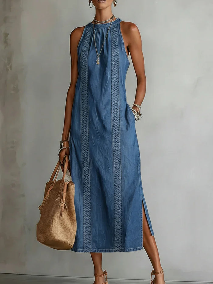 Embroidered High-Neck Denim Maxi Dress