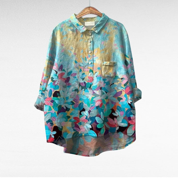 Elegant Summer Blouse in Aqua Painted Petal
