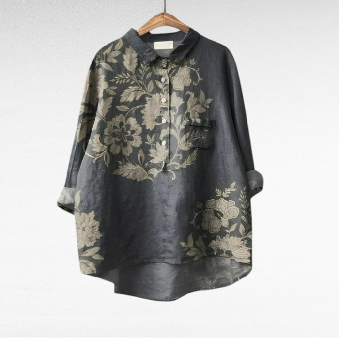 Elegant Summer Blouse in Charcoal Damask Rose