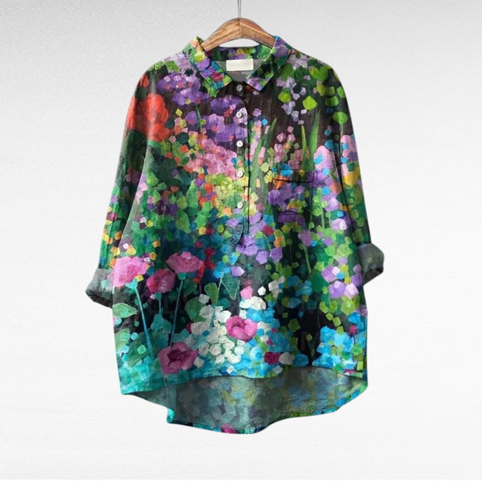 Elegant Summer Blouse in Teal Garden Bloom