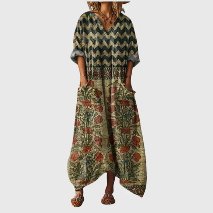 Colourful Print Maxi Dress in Olive Chevron and Poppy