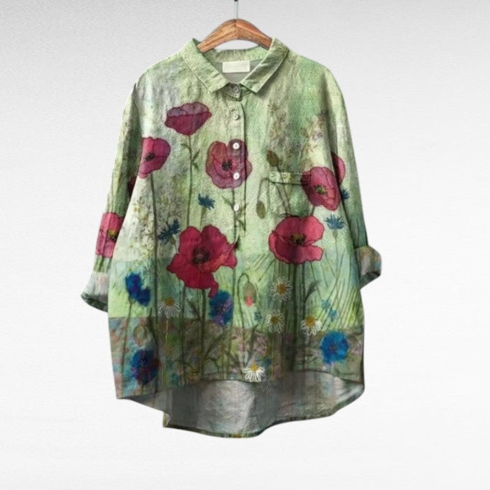 Elegant Summer Blouse in Sage Poppy Field