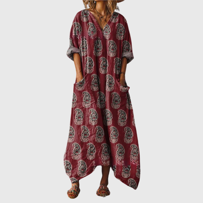 Colourful Print Maxi Dress in Wine Paisley