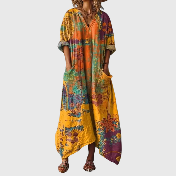 Colourful Print Maxi Dress in Marigold Patchwork