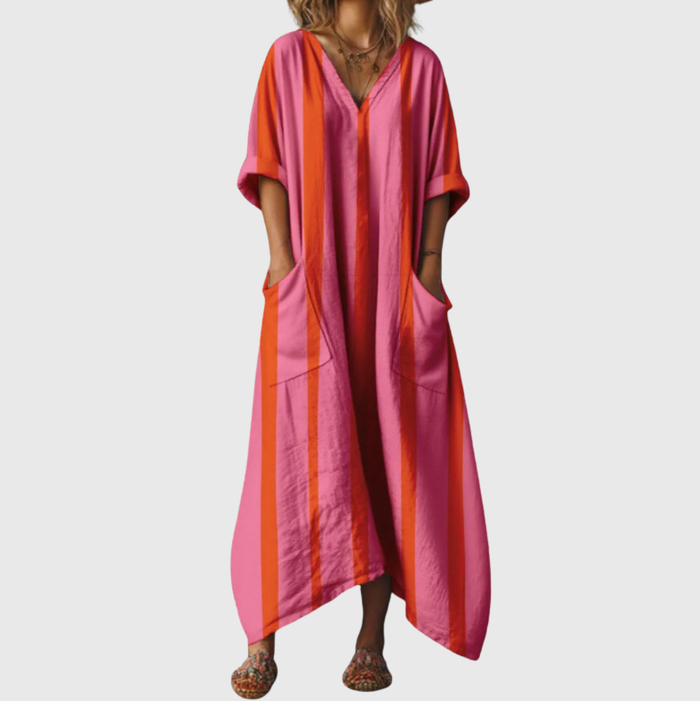 Colourful Print Maxi Dress in Pink and Orange Stripe