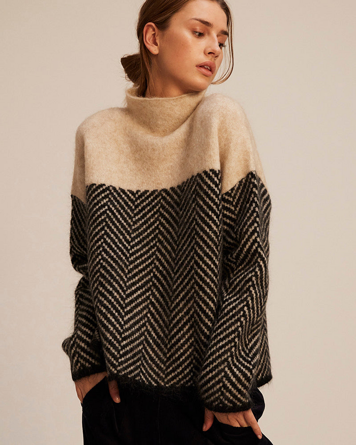 Sand Chevron High-Neck Jumper