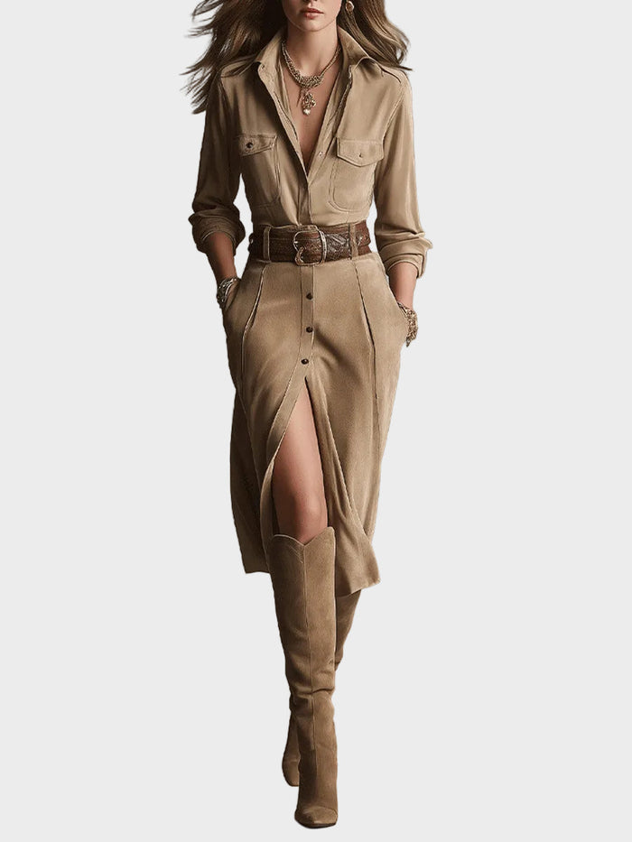 Trendy Brown Suede Midi Dress