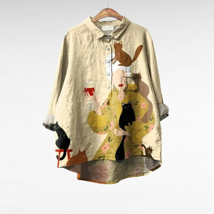 Elegant Summer Blouse in Linen Cats and Teacups