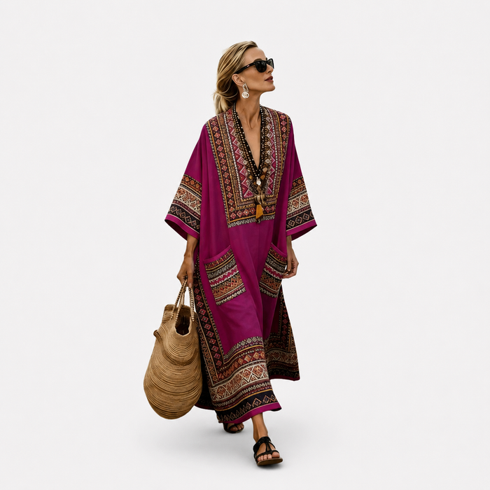 Elegant Kaftan in Magenta Bohemian Border