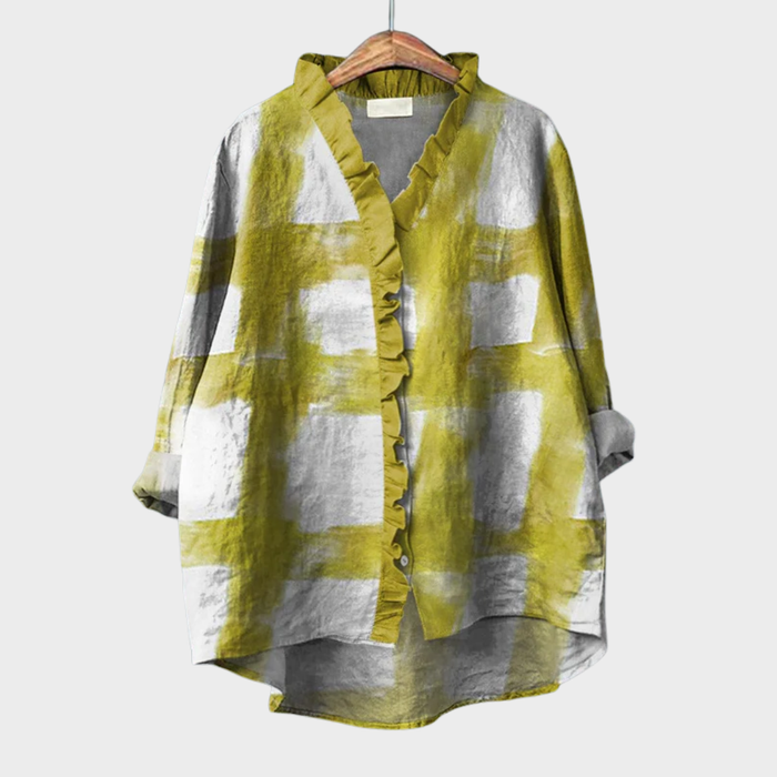 Elegant Summer Blouse in Olive Watercolour Check