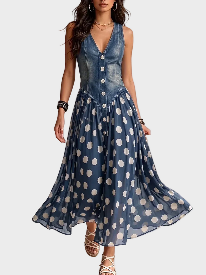 Veda | Denim Dress with Polka Dot Chiffon Hem