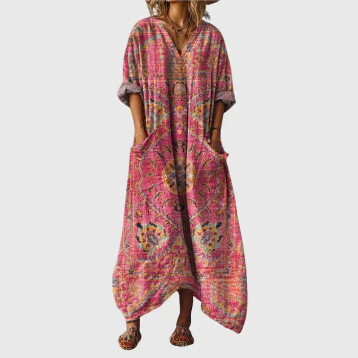 Colourful Print Maxi Dress in Fuchsia Persian Medallion
