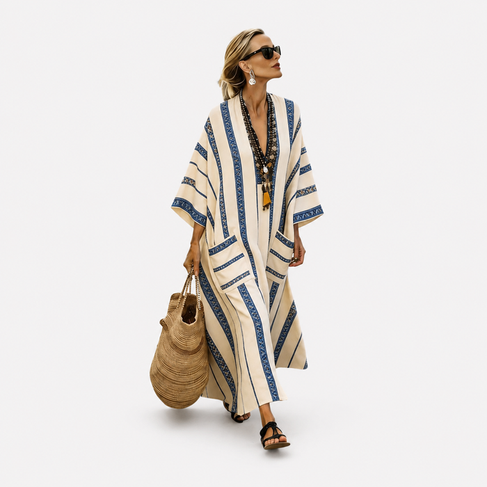 Elegant Kaftan in Ivory and Blue Fine Stripe