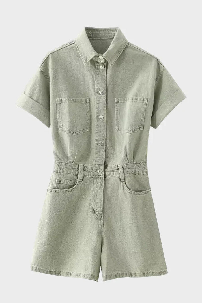 Buttoned Shirt-Collar Denim Overalls