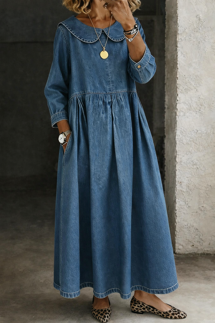 Peter Pan Collar Denim Maxi Dress