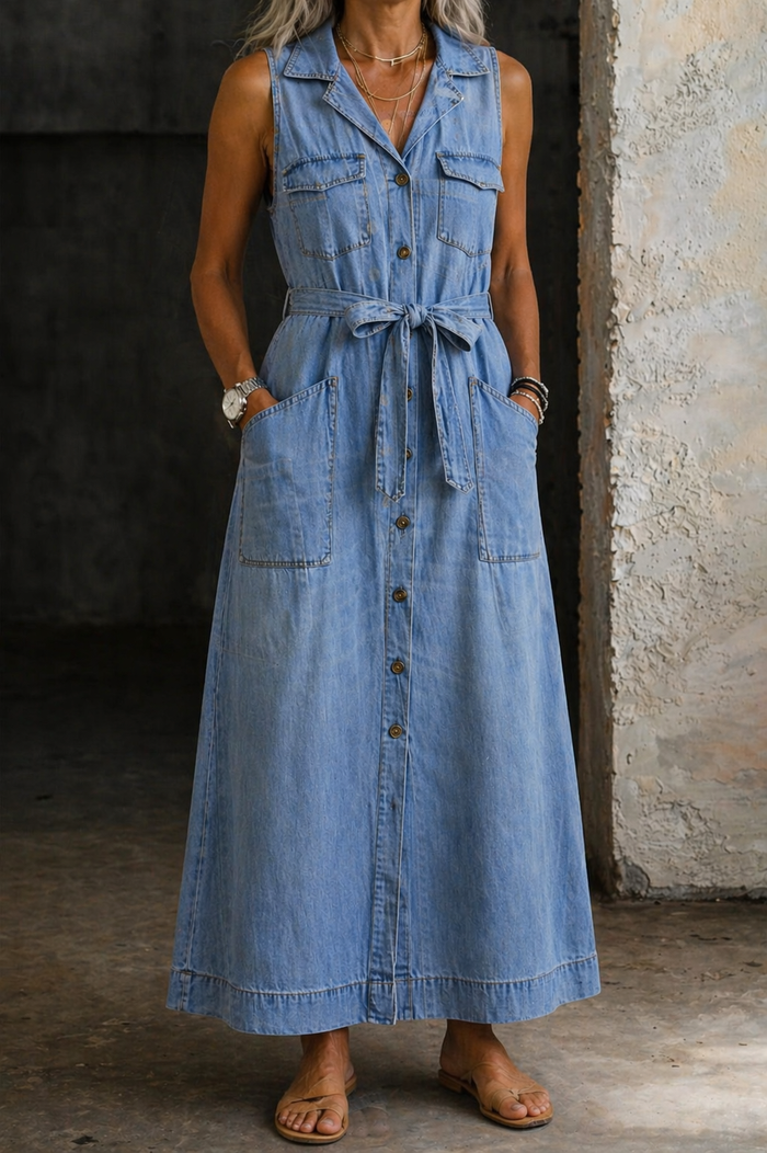 Sleeveless Light Blue Denim Maxi Dress