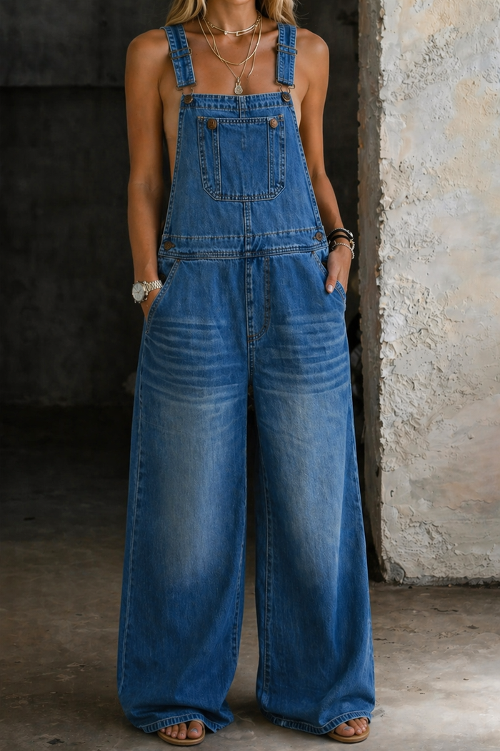 Elastic-Waist Denim Overalls