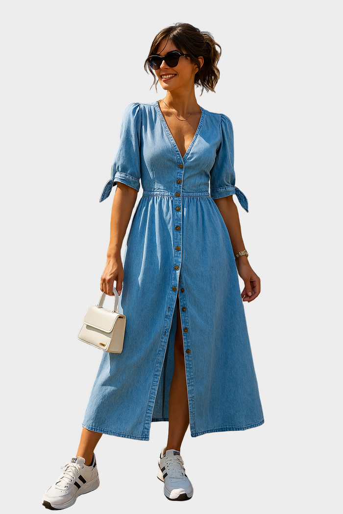 Buttoned 3/4-Sleeve Denim Maxi Dress