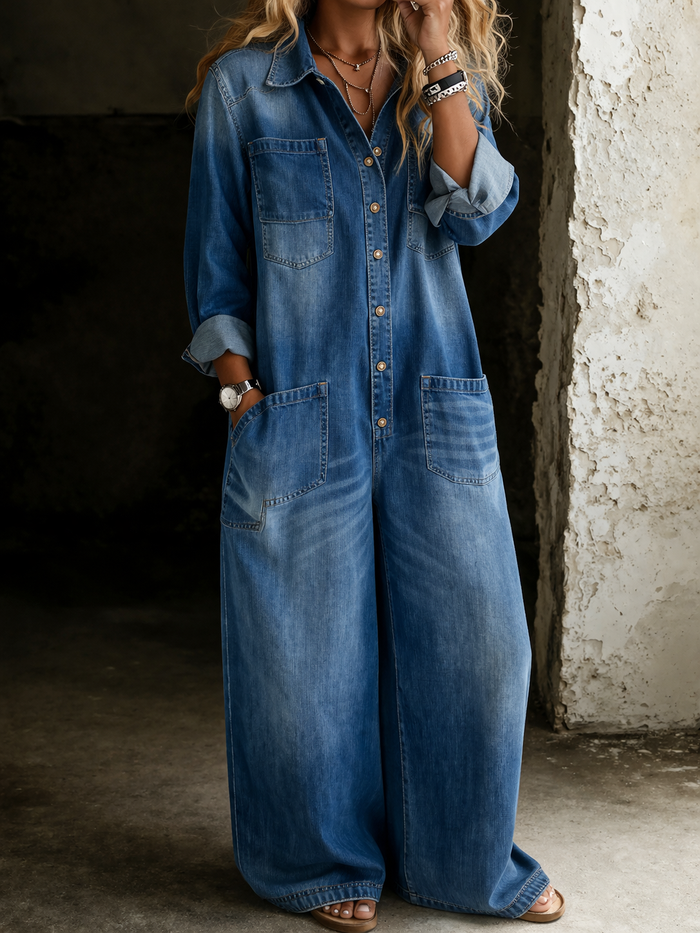 Buttoned Wide-Leg Denim Jumpsuit