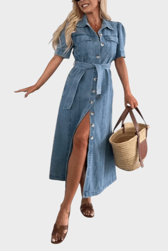Belted Denim Midi Shirt Dress