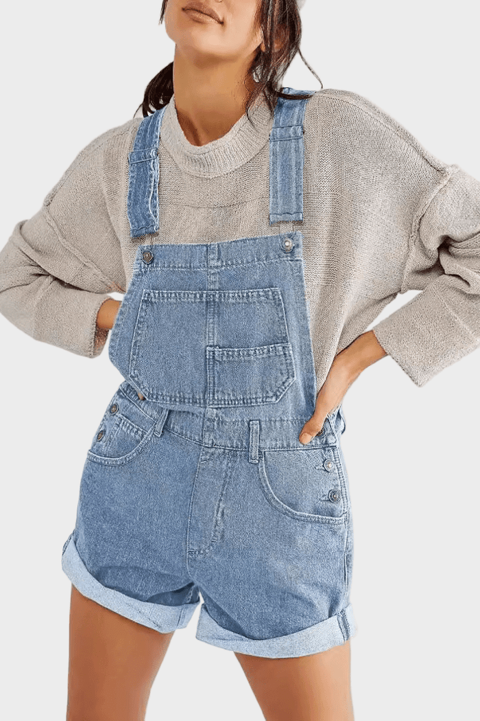 Denim Short Overalls with Large Pocket