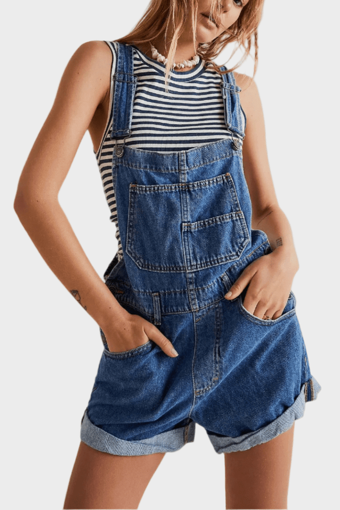 Vintage Washed Denim Short Overalls