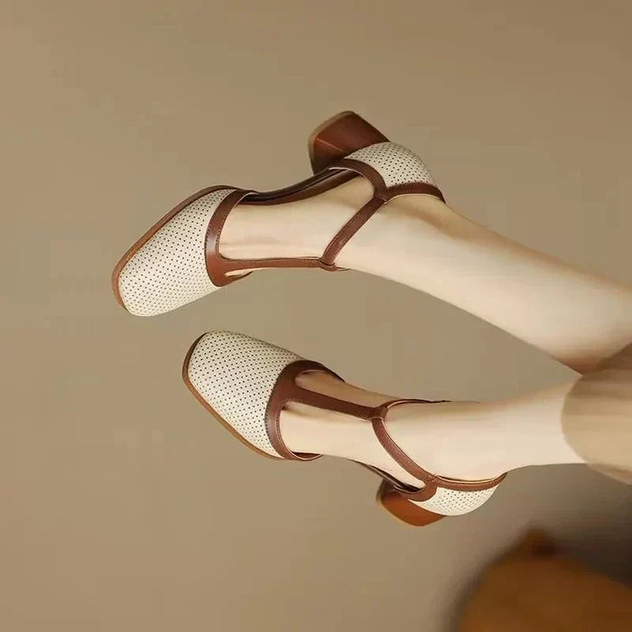 Perforated Leather Heeled T-Bar Shoes