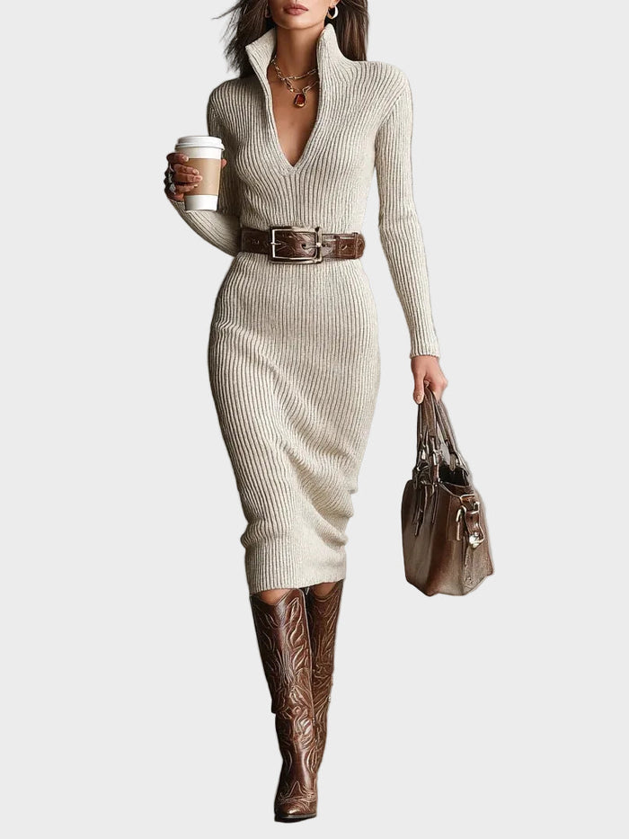 Gabriela | Belted Knit Midi Dress with Funnel Neck