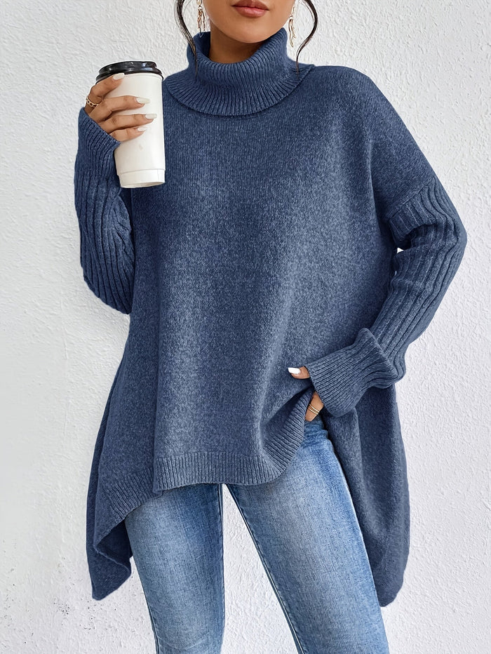 Long Split-Hem Turtleneck Jumper