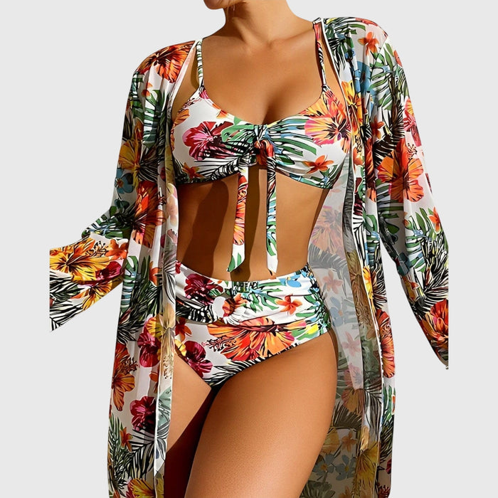 Bikini Set with Kimono in White Tropical Hibiscus