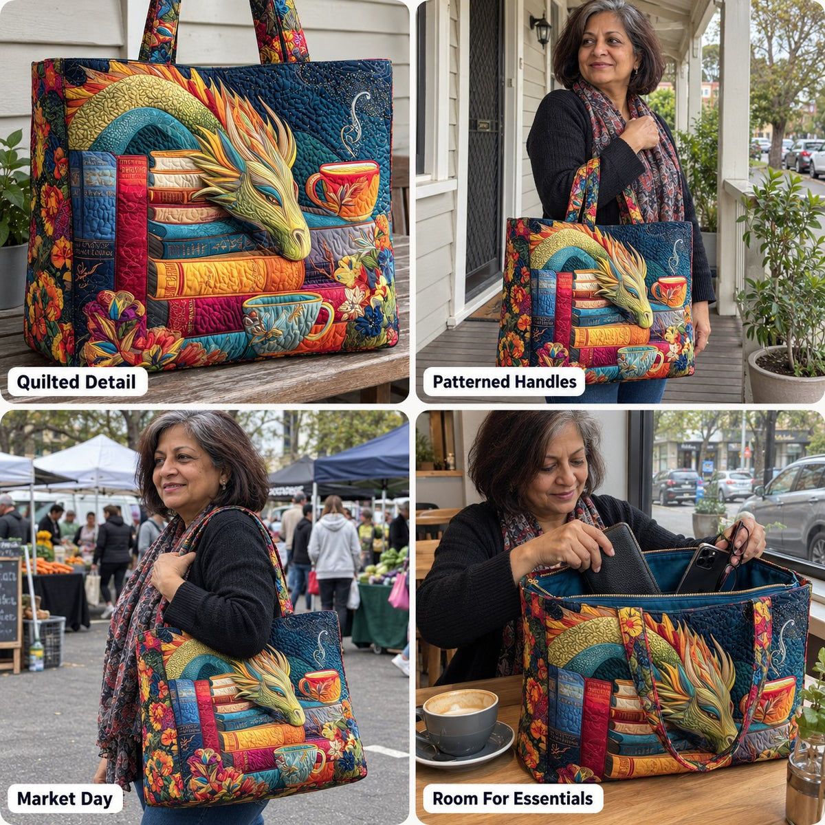 Almira | Quilted Tote with a Dragon, Books and Teacups