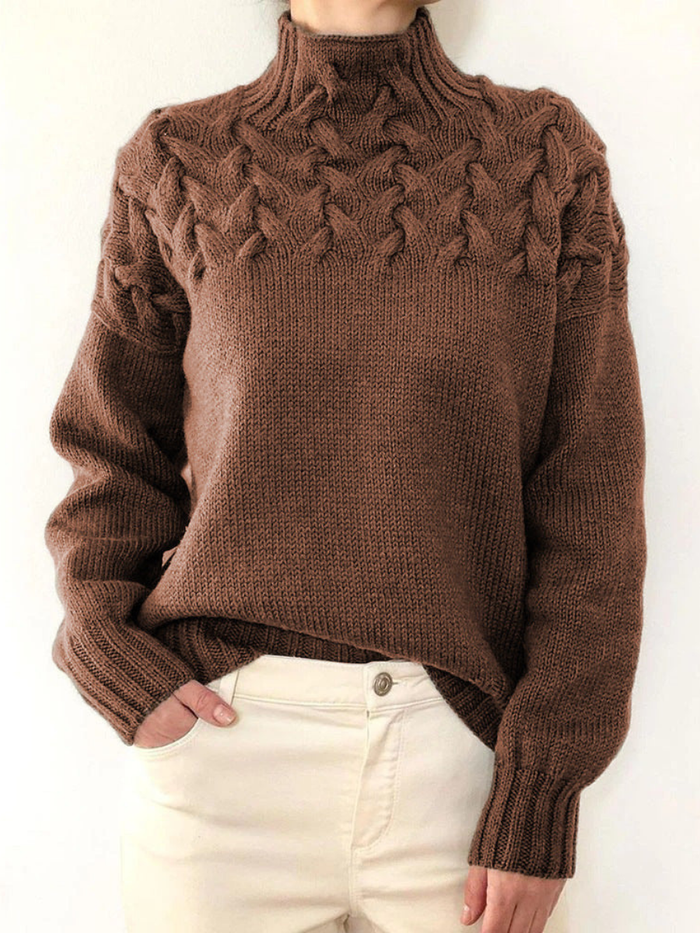 Brown Cable Knit High-Neck Jumper