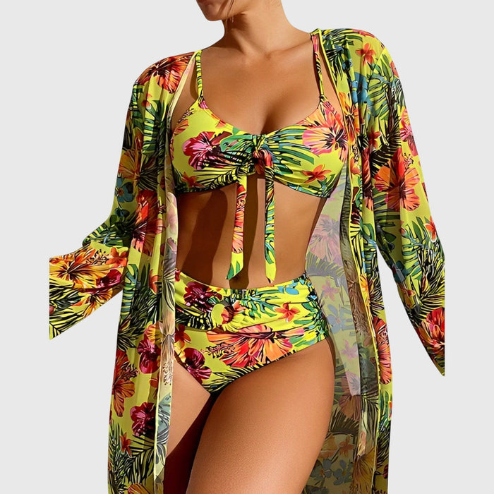 Bikini Set with Kimono in Lime Tropical Hibiscus