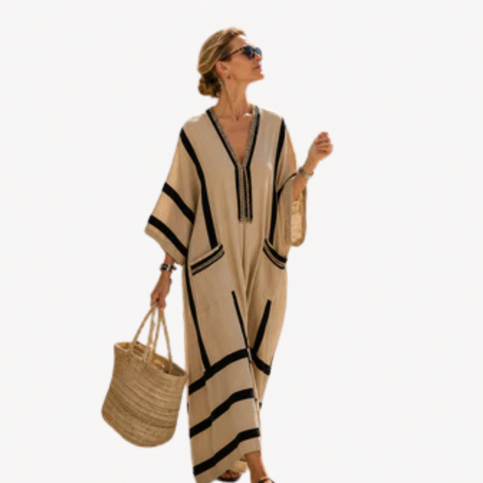 Long Kaftan in Sand and Black Graphic Stripe