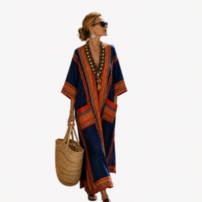 Long Kaftan in Navy Ikat Panel