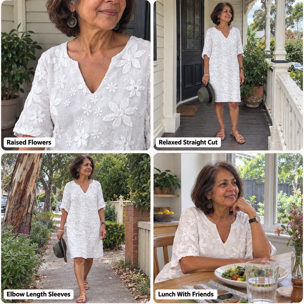Claudette | V-Neck Shift Dress with Raised Flowers and Elbow Sleeves