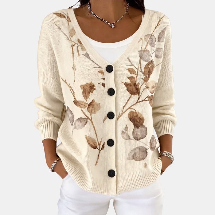 Comfy Button-Front Knit Cardigan in Cream Botanical