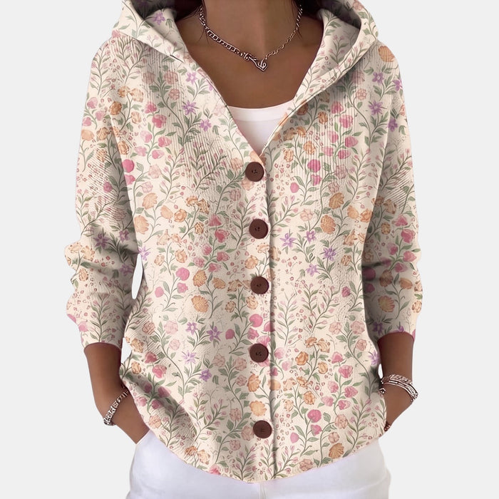 Comfy Knit Hooded Cardigan in Cream Ditsy Floral