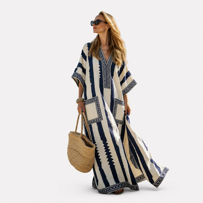 Elegant Kaftan in Navy Aztec Stripe