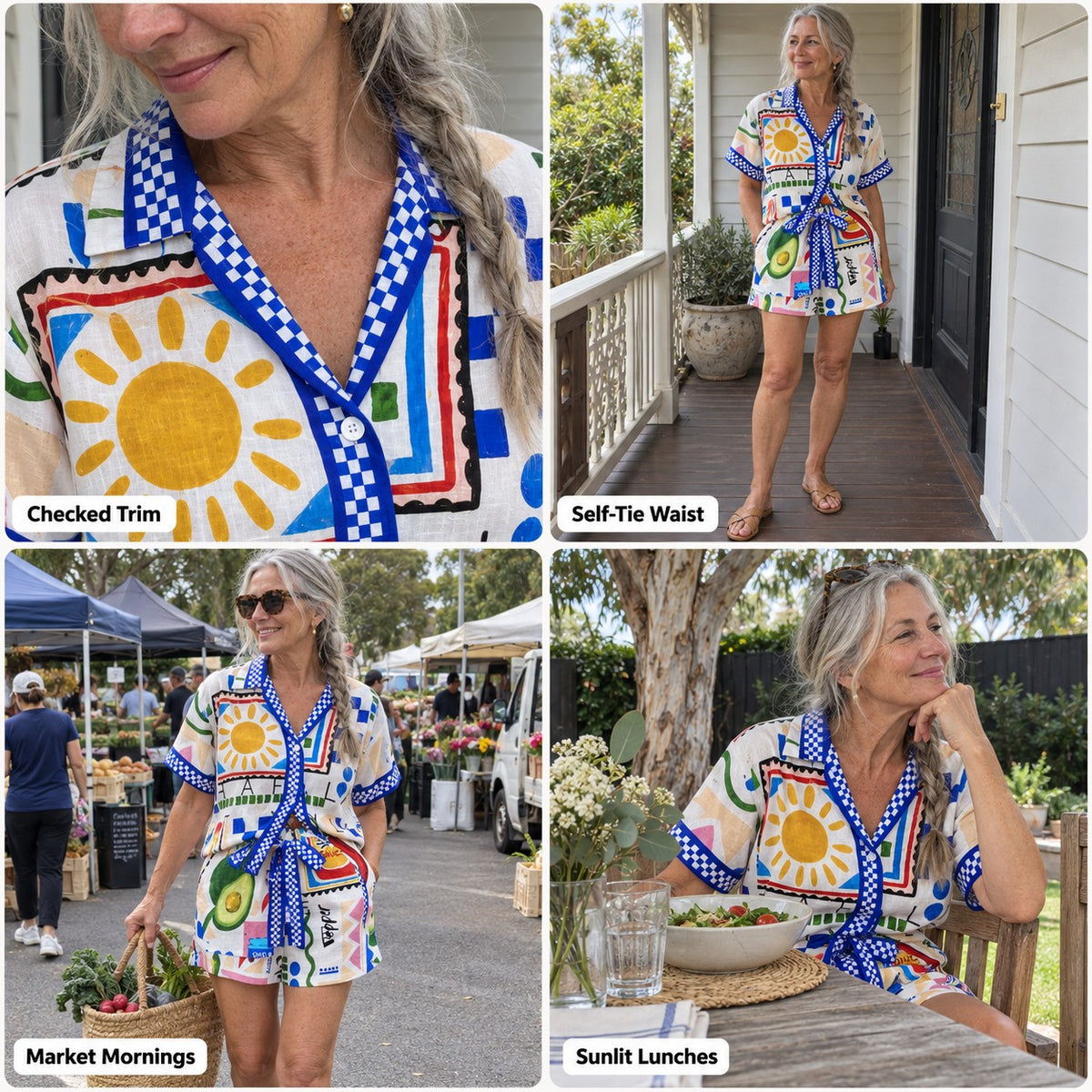Editha | Market Print Shirt and Tie-Waist Shorts Set with Checked Trim