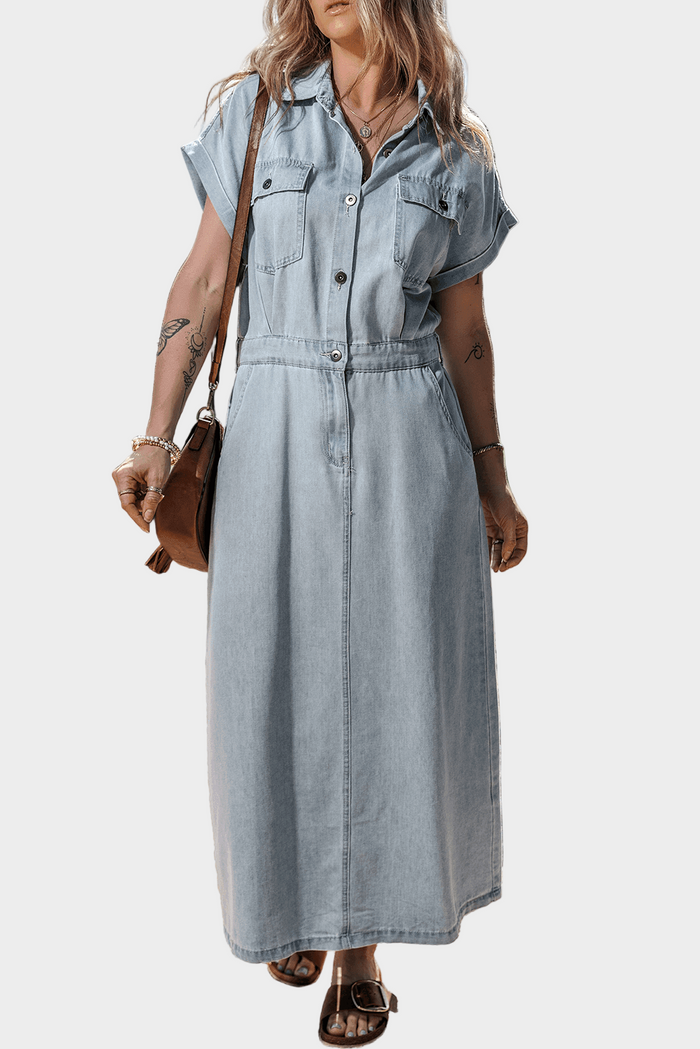 Short-Sleeve Denim Maxi Dress with Flap Pockets