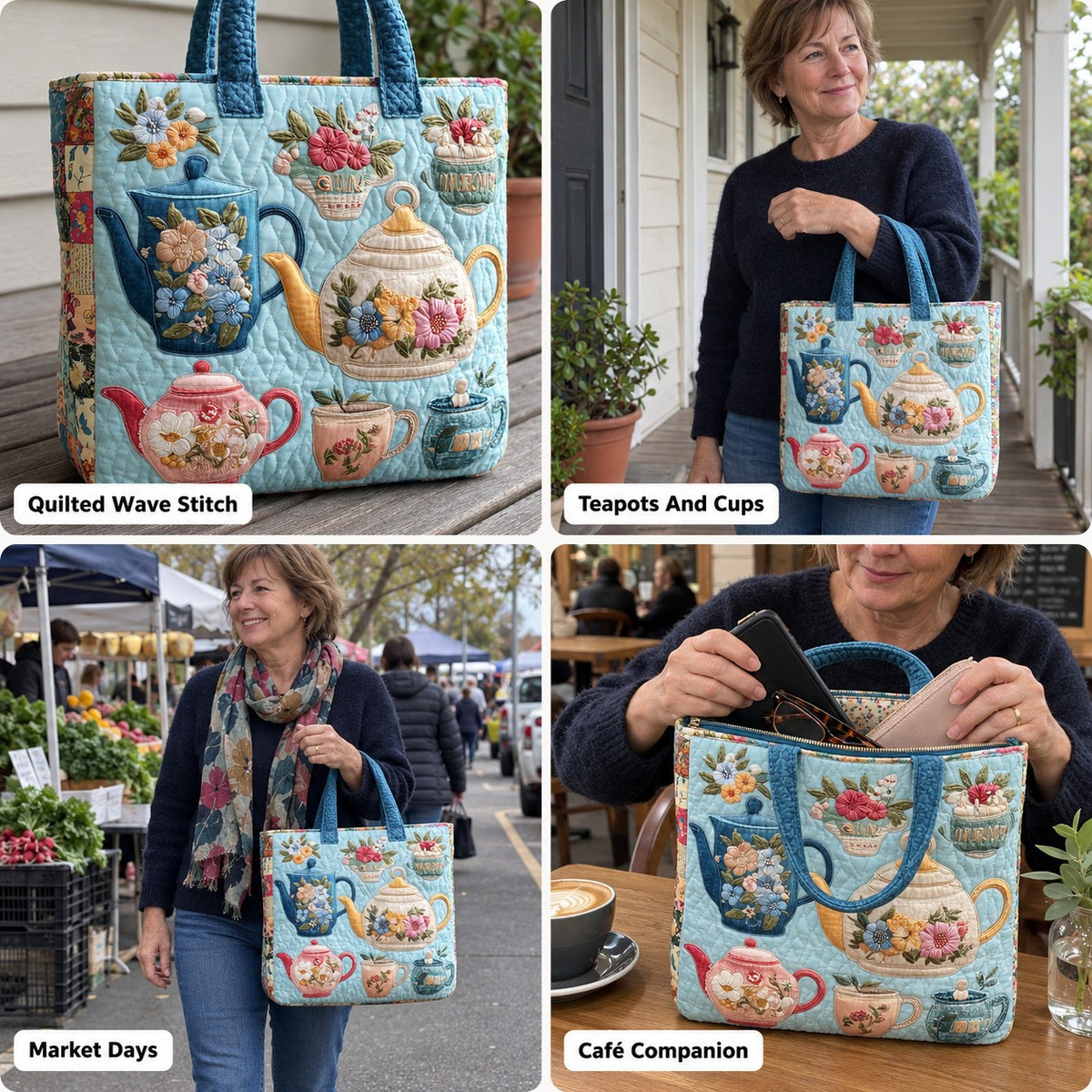 Fidelma | Quilted Tote Bag with Teapots and Floral Cups