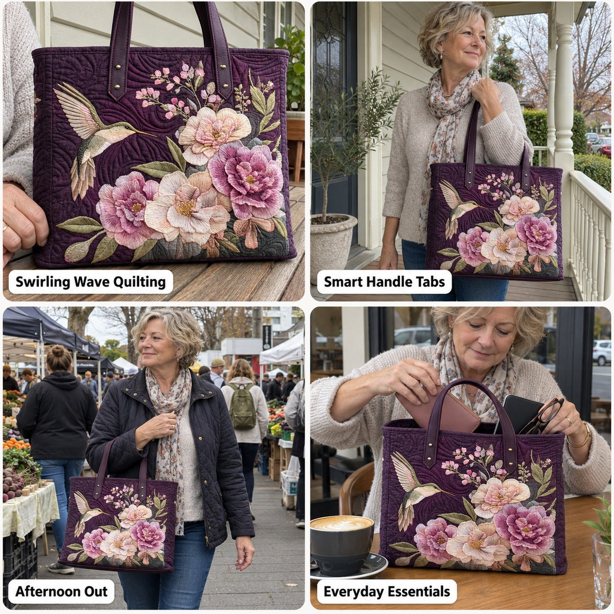 Glenna | Quilted Tote with a Hummingbird and Peonies